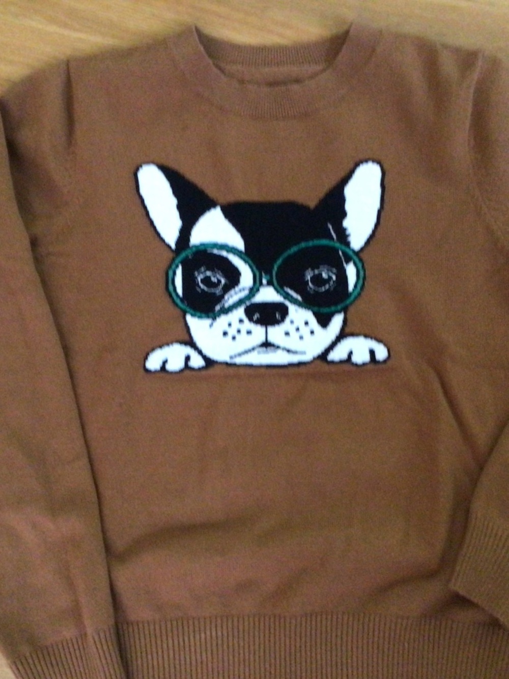 Caramel colored sweater with knitted in French Bulldog face. M/L sizing.